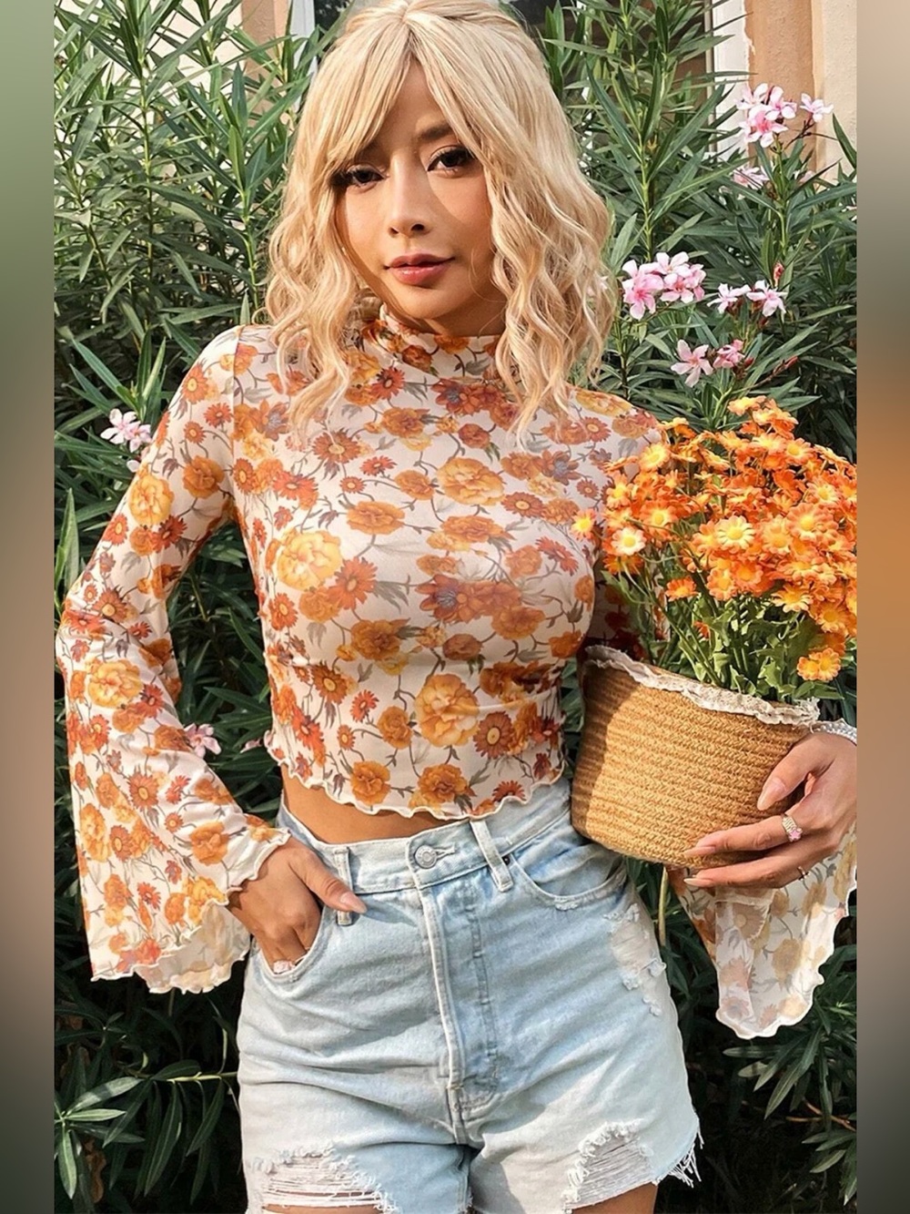 NEW Medium Orange Sheer Mesh Retro Floral Bell Sleeve Mock Neck Blouse - Picture 4 of 9